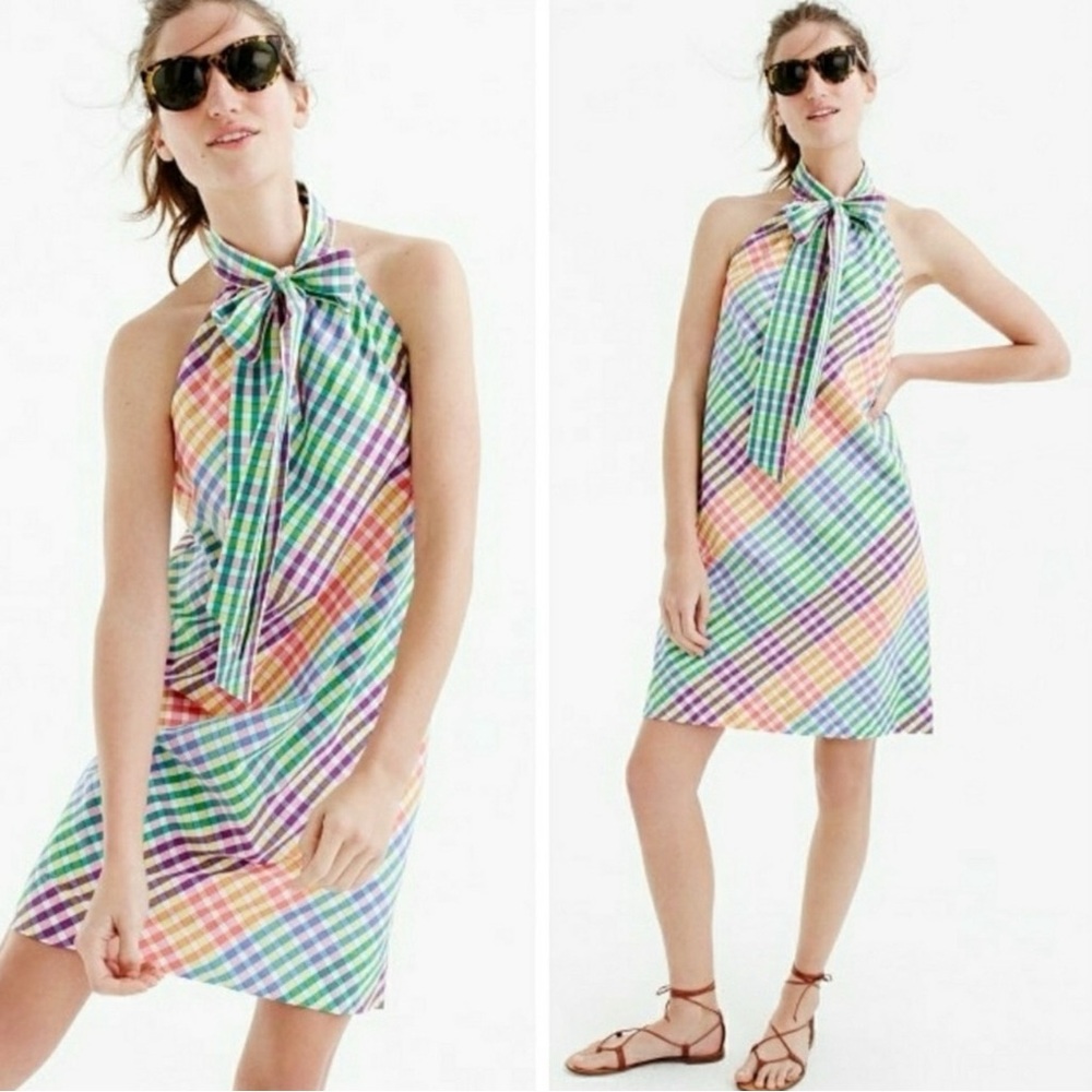 J.Crew Tie Neck Rainbow Gingham Dress Size 8 Plaid Preppy Bow Summer - Picture 3 of 16